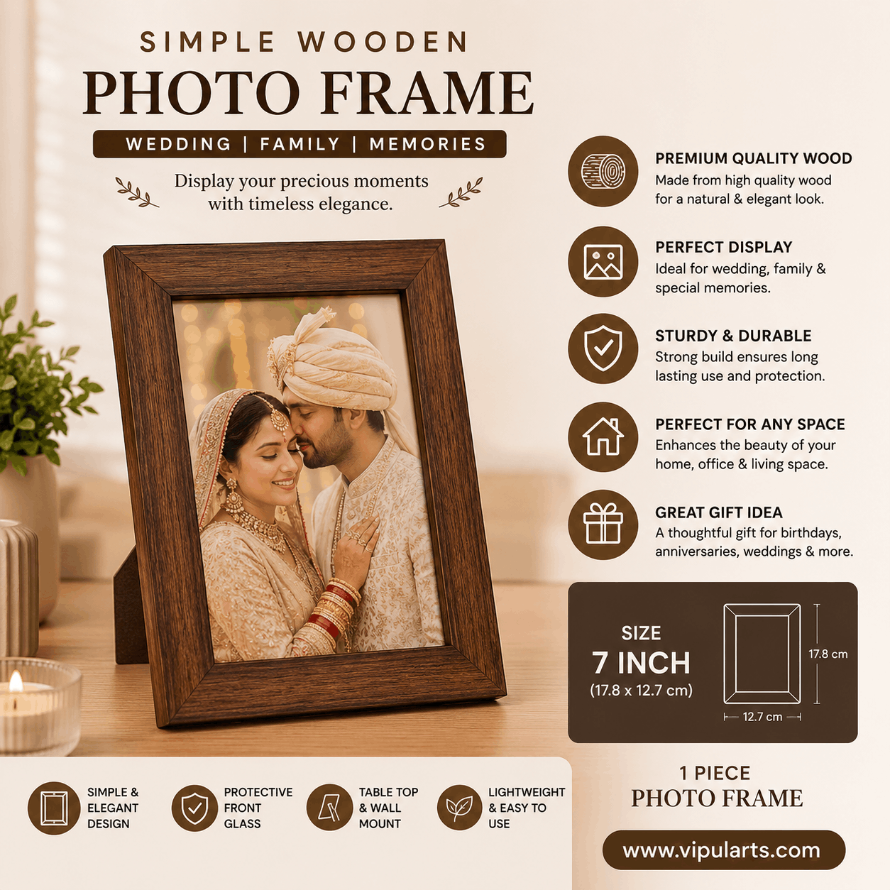 Classic Wooden Photo Frame – 7 Inch Family & Wedding Display